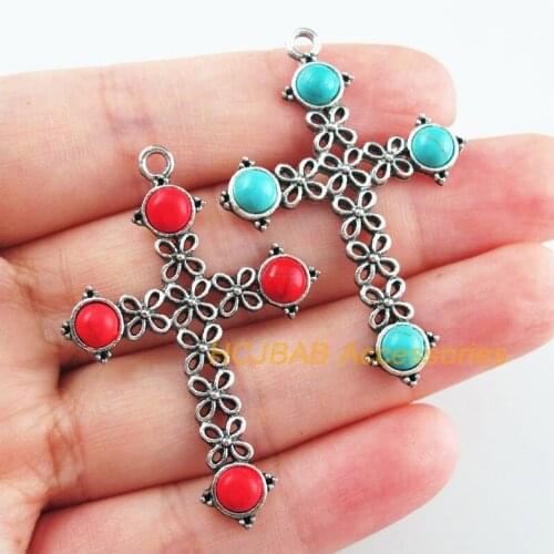 5Pcs Retro Tibetan Silver Tone Flower Cross Blue&Red Stone Charms Pendants 32x47.5mm