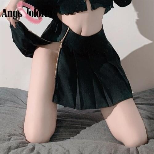 Sexy Womens Night Party Black Side open Pleated Skirt Casual Kawaii Mini A-line Skirts Gothic Harajuku Girls Club Dance Skirts