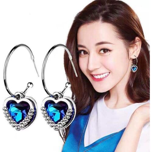 New Korean Heart Earrings Pendant%Female%Long Fringed/Tassels Blue Cubic Zircon Heart-Shaped Luxury Texture Eardrop Women%Girl