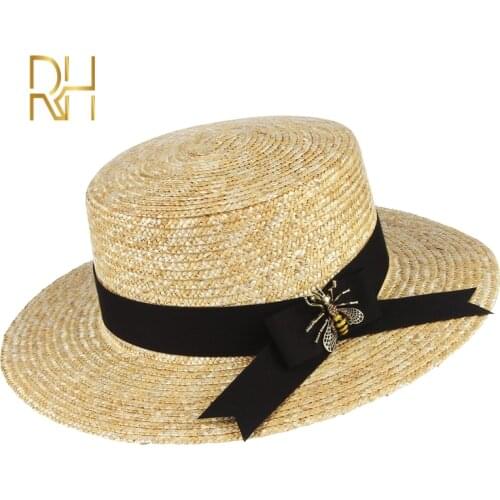 RH Summer Wheat Straw Flat Top Hat Natural Color Ladies Boater Sun Visor Fedora Cap WIth Bee decoration