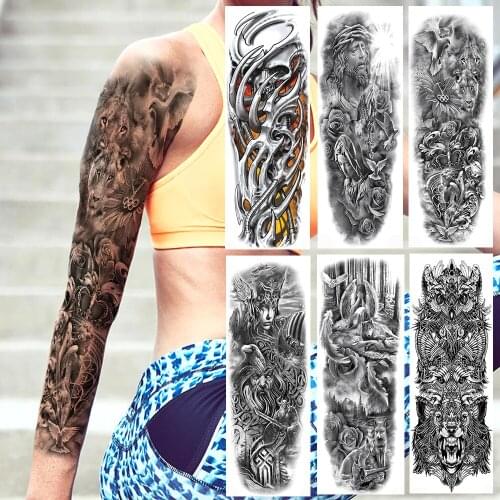 Black Angel Pigeon Lion Full Arm Tattoo Temporary Jesus Prayer Fake Tattoo Sticker For Men Women Disposable Body Art Tatoo Paper
