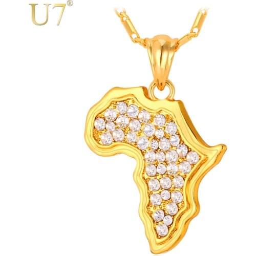 U7 Africa Map Pendant Necklace with Chain 20''+2''(Extended) Men Women Jewelry Hip Hop Bling Rhinestone CZ Gold Tone P369