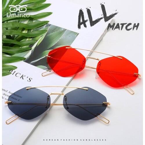 Umanco 2021 Hot Double Beam Polygon Rimless Sunglasses Women Men Metal Frame PC Lens Designer Trendy Brand Beach Travel Gifts