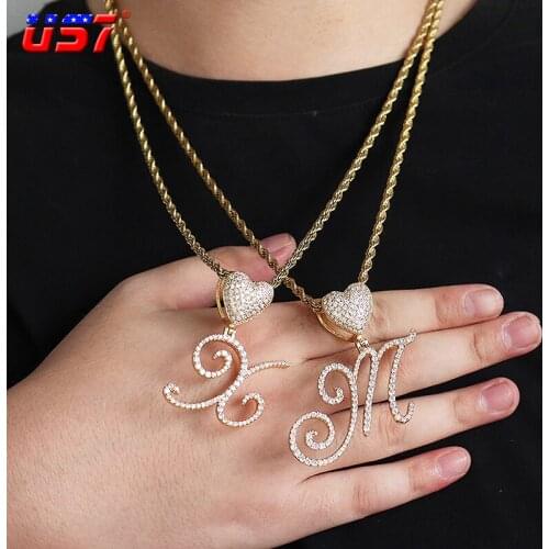 US7 Cursive Letters With Heart Bail 4mm Rope Iced Out Cuban Chain Brush Intial Name Necklace Jewelry Charm Hip Hop Drop Shipping