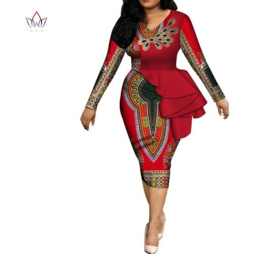 In stock Fashion spring Africa Dresses for women vestidos Print Fabric Elegant Africa Clothes Ruffles African Clothing WY3582