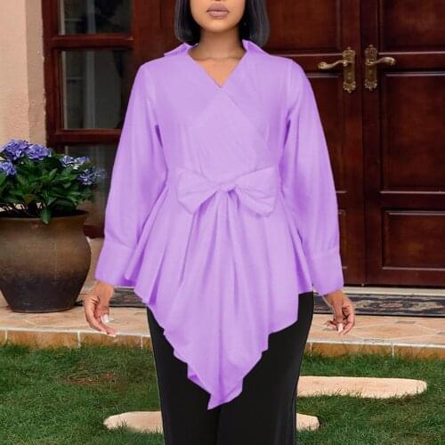 Western Style 2020 Autumn Winter New Blouse Solid Color Bow Irregular V-neck High Waist Long Sleeve Women Fashion Casual