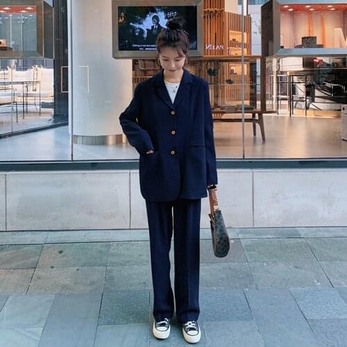 Women Dark Blue Suits Spring Fall 2 Piece Set Blazer and Pant Office Lady Elegant Loose Casual Suit Jacket Straight Pants W528