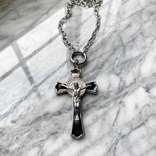 Gothic Vampire Bondage Christ Rosary Necklace Large Cross Black Witchy Chain Pendant Statement Punk Charm Jewelry Women Gift