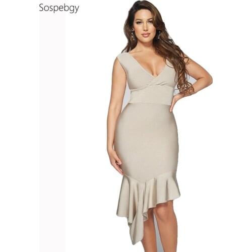 2020 New style bandage dress waist hip sleeveless sexy V-neck lotus leaf irregular fishtail hip celebrity party club dresses