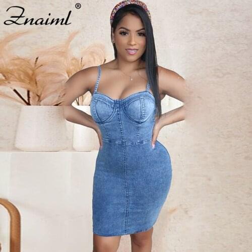 Znaiml Vintage Blue Women Strap Denim Mini Dress Female Summer Ladies Office Slim Waist Backless Bodycon Package Hip Jeans Dress