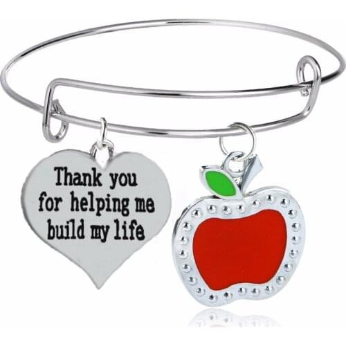 12PC/Lot Thank You For Helping Me Build My Life Love Heart Apple Charms Bangle Mothers Fathers Teachers Bracelet Jewelry Gifts