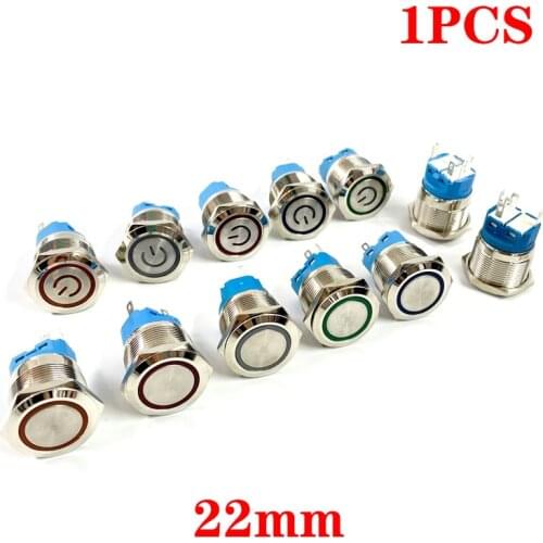 22mm waterproof metal button switch fixed LED lamp hook instantaneous start car engine red and blue 5V 12V 3-220v