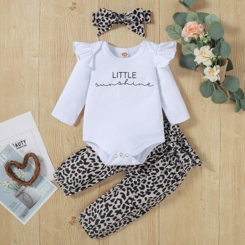 0-24 M Baby Girls Clothes Spring Autumn Set Letter Print Long Sleeve O-neck Romper+Leopard Print Trousers+Headband 3PCS