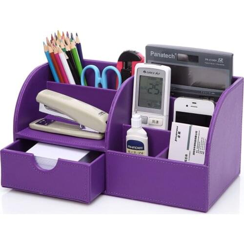 Purple 7 Storage Compartments Multifunctional PU Leather Office Desktop Organizer, Stationery Storage Box Collection Pen Holder