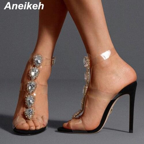 Aneikeh Summer Sandals Party PVC Heart-shaped Crystal Buckle Fashion Sandalias Mujer Shoes For Women 2021 Thin Heels Drill Nove