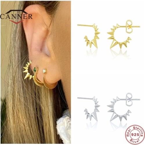CANNER Real 925 Sterling Silver Small Fashion Rivet C type Stud Earrings For Women Piercing Earring Earings Jewelry Pendientes