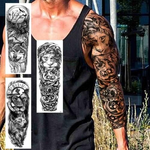 Black Lion King Temporary Tattoos Sleeves For Men Women Adult Gems Wolf Compass Fake Tatoos Large Full Arm Tattoo Sticker
