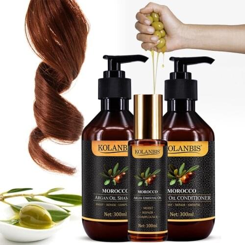 3 Bottles Pure Argan Keratin Treatment Hair Care Argan Hair Shiny Essential Oil Smooth Conditioner And Straighten Shampoo Set