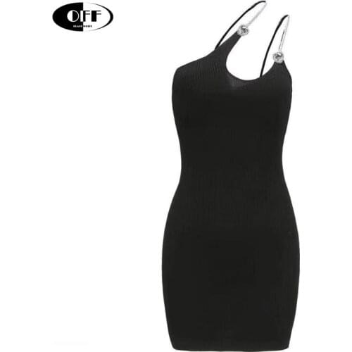 Designer Bodycon Black Mini Sexy Dress Woman Clothes Knitted Spaghetti Strap Diamond Goblincore Traf Club Women Slinky Dresses