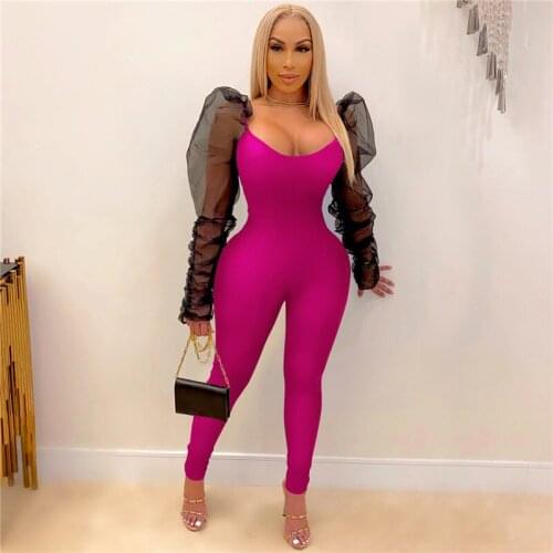 Women Mesh Puff Sleeve Patchwork Jumpsuits Sexy Skinny Party Club Jumpsuit bodycon pencil leg Stitching Rompers Playsuits 2021