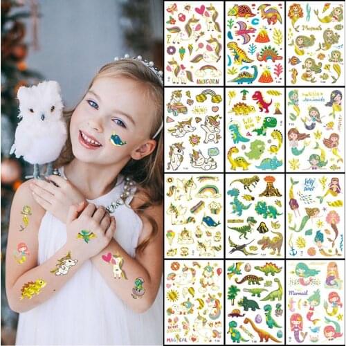 Unicorn Gold Stamp Temporary Tattoo Stickers for Kid Mermaid Dinosaur Party Cartoon Sticker for Child Transfer Sticker Cute