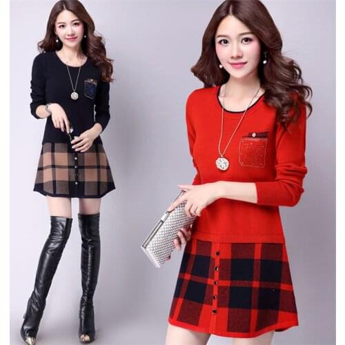 Elegant Women Sweater Autumn Winter Stitching O-neck Knitted Cashmere Sweater Pullover Slim Plus Size Medium Long Sweater red