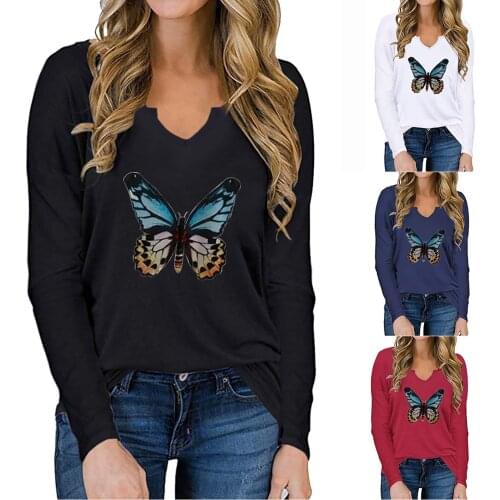Fashion Ladies Streetwear V-neck Butterfly Print Long Sleeve T-shirt Loose Mutiple Color Temperament Top Clothes For Females