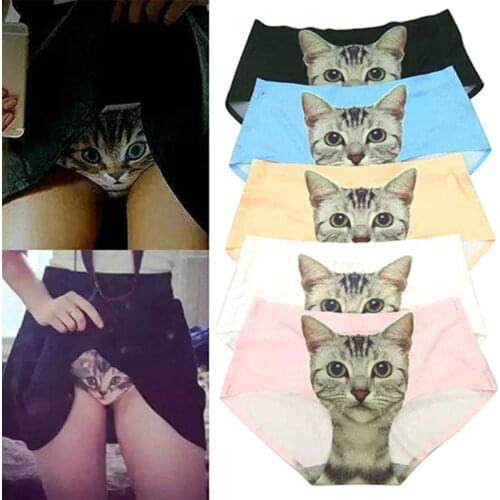 Hot Sexy Pussycat Panties 3D Cat Print Underwear Clothes Funny Female Anti Emptied Women Briefs white/black