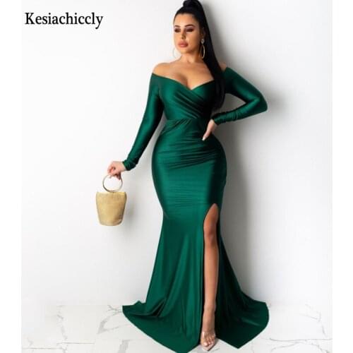 Kesiachiccly off shoulder sexy bodycon maxi dress Female backless elegant dress Autumn winter women side split long party dress