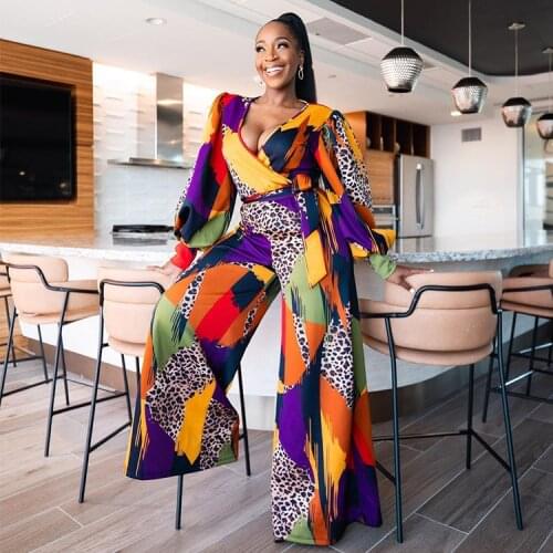 ChocoMisty-LadyPlus Plus-size Jumpsuits & Rompers Deep V-neck Pattern Lace-up Jumpsuit P80238