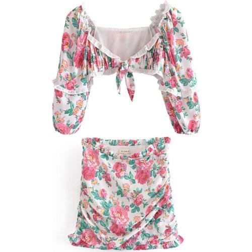2021 Summer Autumn Holiday Floral Print Long Sleeve Short Top and Ruffled Mini Skirts 2pc Sets