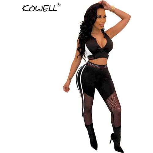 Sexy Patchwork Mesh Women two piece sets Sleeveless Crop Top and Long Striped Skinny Pants 2 pieces set women Fashion Outfit