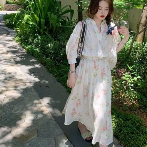 2021 Fresh Style Thin Loose Versatile Clothes Sets Flower Printing Blouse + High Waist Long Skirts 2 Pieces Teens Set Chiffon
