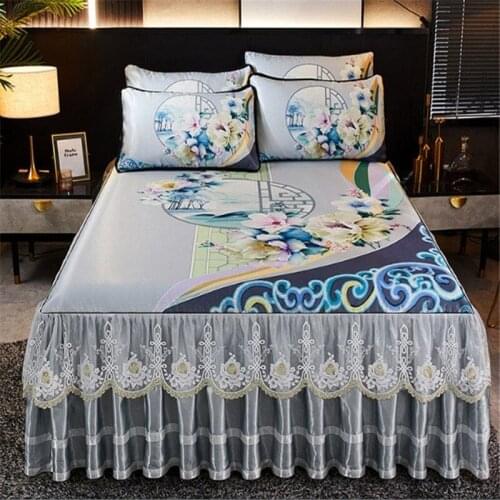 3pcs summer ice silk bed skirted mats machine washable non-slip mat bedspread princess lace printed soft mat bed cover
