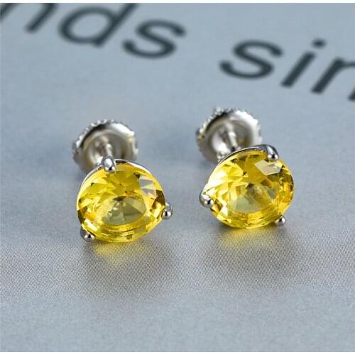 Cute Female 6/7/8mm Yellow Topaz Earrings Real 925 Sterling Silver Earrings For Women Minimalist Small Screw Stud Earrings