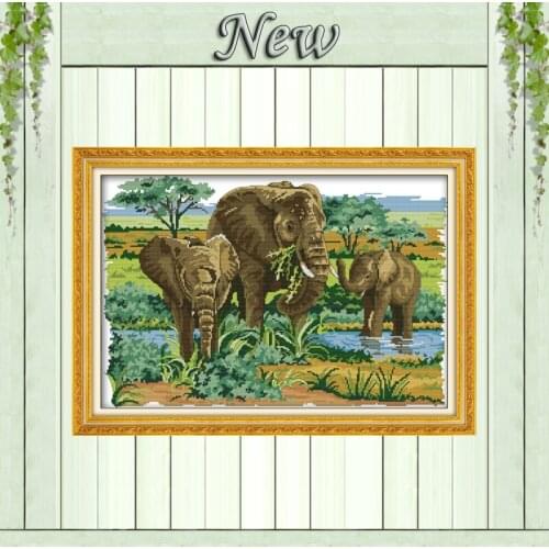Elephants family foraging Drawing painting,Counted print on canvas DMC 14CT 11CT NKF Cross Stitch Needlework kits Embroidery Set