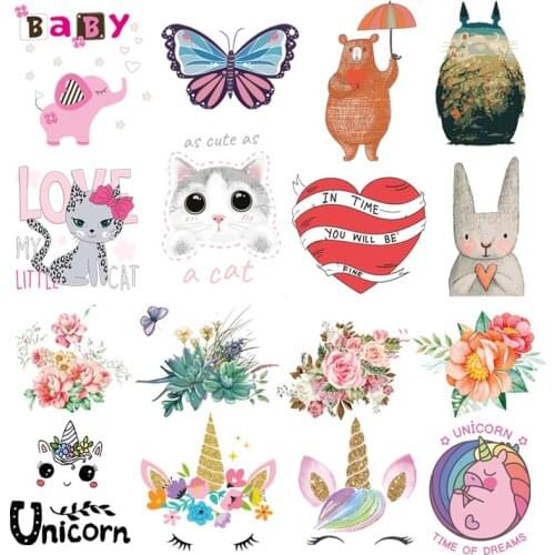 Cartoon Cat Unicorn Patches For Kids Clothing Stickers Cute Flower Stripe Applique Iron On Transfers For Clothes Thermo-stickers