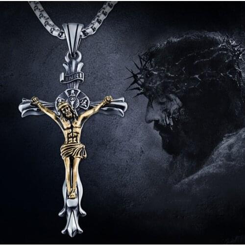 Crucifix Jesus Piece Cross Pendant Necklace for Men Women Stainless Steel Catholic Cross Necklace Punk Hip Hop Biker Jewelry