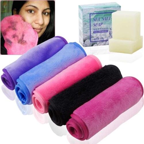 Makeup Remover Cloth Face Cleansing Towel Microfiber Face Cloth 100g Sea Salt Soap Goat Milk Moisturizing Face Whitening Soap