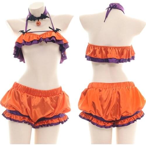 Halloween Sexy Suit Japanese Lolita Pumpkin Biniki Shorts Devil Bat Bell Underwear Set Cosplay Female Lingerie 2pcs Set