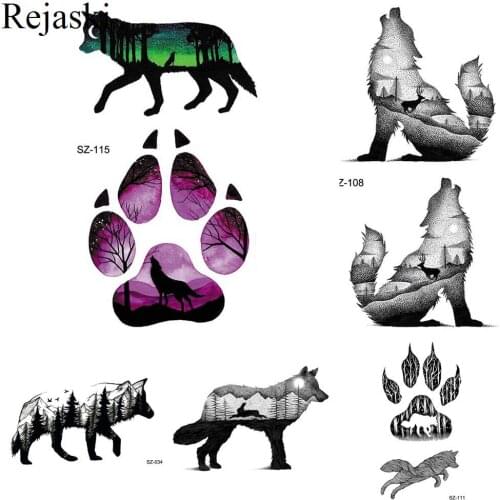 Rejaski Black Howling Wolf Tattoo Stickers Men Arm Art Temporary Tattoo Women Watercolor Dog Paw Forest Waterproof Tatoos