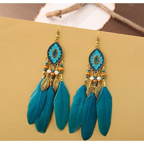TopHanqi Vintage Boho Ethnic Fringe Feather Gold Color Leaf Tassel Drop Earrings Women Girls Metal Geometric Statement Jewelry