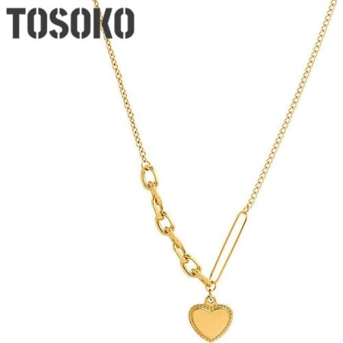 TOSOKO Stainless Steel Jewelry Link Chain Stitching Love Peach Heart Pendant Necklace Womens Playful Clavicle Chain BSP901
