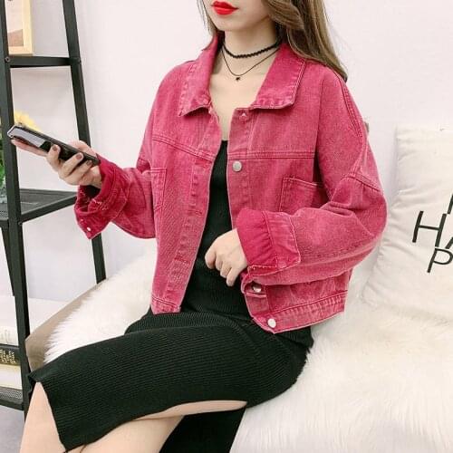 Candy Color Denim Jacket Women Korean Loose Big Pocket Turn-Down Collar Short Coat Tops Streetwear Casual Distressed Outerwear