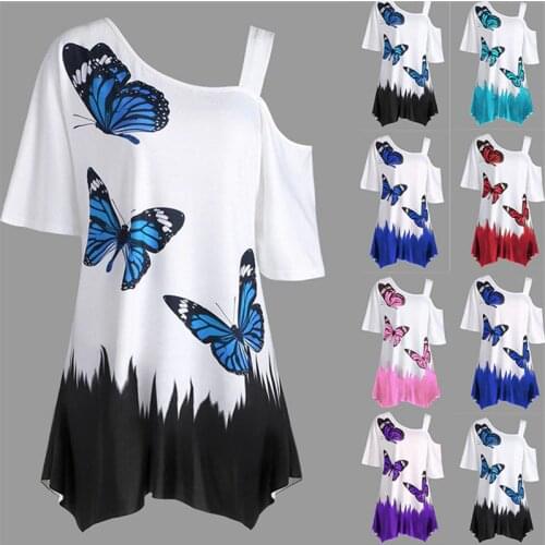 2021 Summer Women Casual T-Shirts Butterfly Printed Tee One Shoulder Irregular Top Female Big Plus Size Loose Tee Tops S-5XL