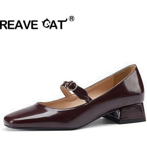 REAVE CAT New 2021 Women Flat Shoes Square Toe 3cm Block Heels Genuine Leather Buckle Breathable Big Size 32-43 Casual A3774