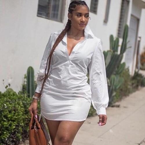Turn-down Collar White Shirt Dress Women V-neck Long Sleeve Mini Dress Drawstring Ruched Casual Office Lady Bodycon Work Dress