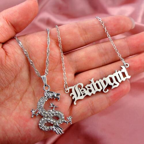 Flatfoosie Silver Color Babygirl Letter Pendant Necklace For Women Multilayer Crystal Dragon Long Chain Necklace Hip-hop Jewelry