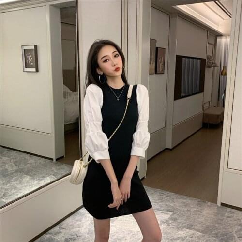 Puff Sleeve Knit Dresses Elegant Vintage Pencil Robe Mini Party Dress 2020 Spring Summer Women Korean Vestidos