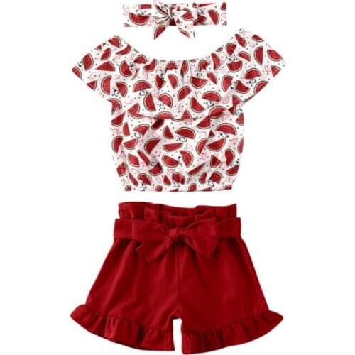 2020 New Summer Toddler Baby Kids Girl Clothes Sets Princess Watermelon Print Tops Shorts Pants Headwear 3PCS Cotton Outfit